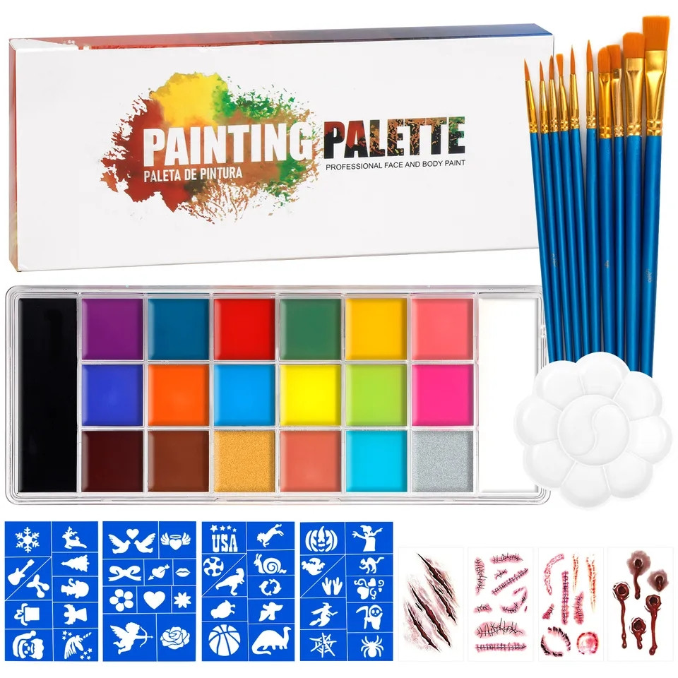 Набір олійна фарба бодіарт Veronni Painting Palette пензлики палітра 4 трафарети 4 тату
