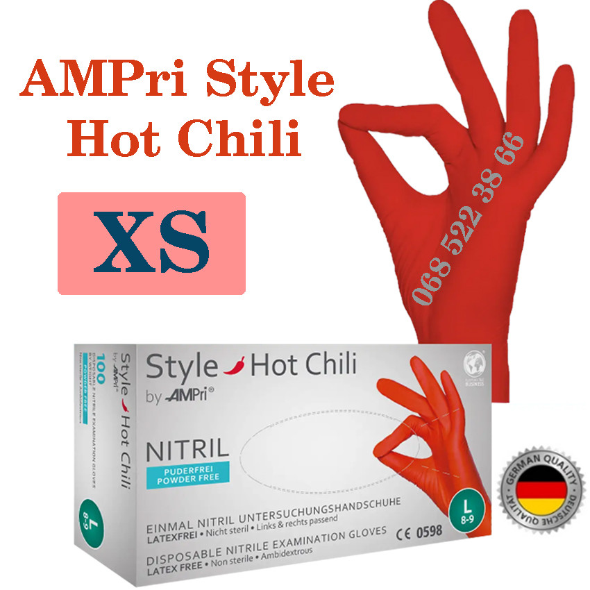 Рукавиці нітрилові червоний  AMPri Style Hot Chili розмір XS, щільність 4г, уп.100 шт