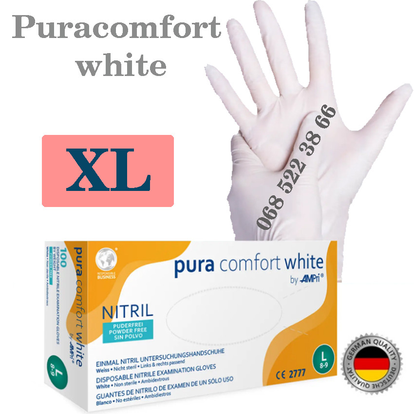 Рукавиці нітрилові білі Pura comfort white розмір XL, щільність 3.8г, уп100 шт.