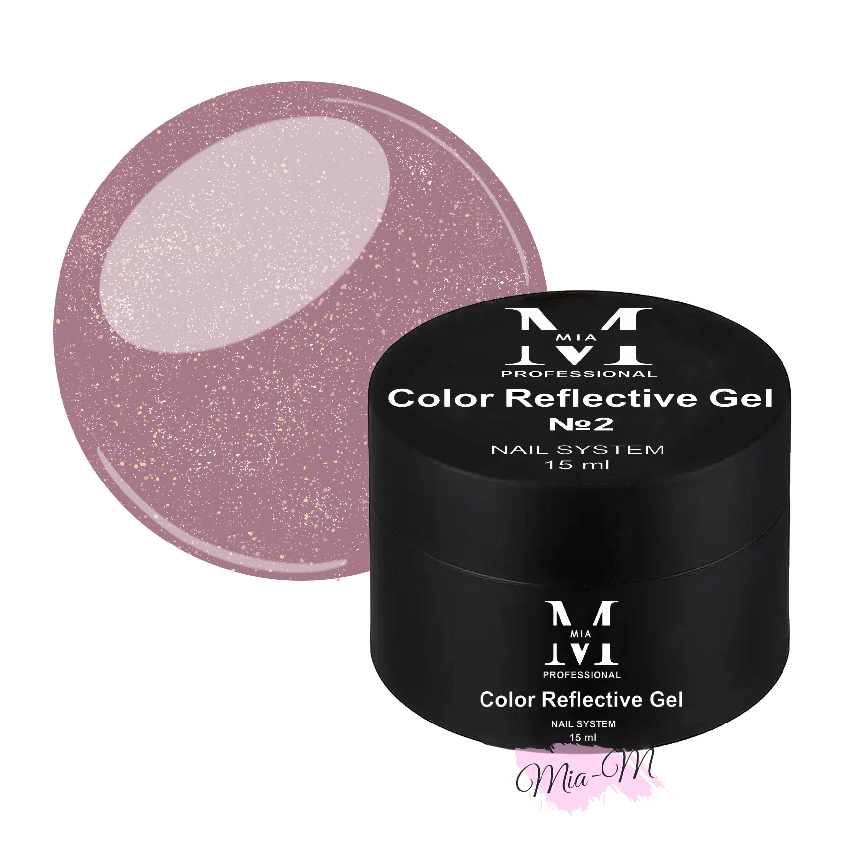 Цветной гель Mia-M Professional Color Reflective Gel №2 бежево-фиолетовый со светоотражающими блестками, 15 мл