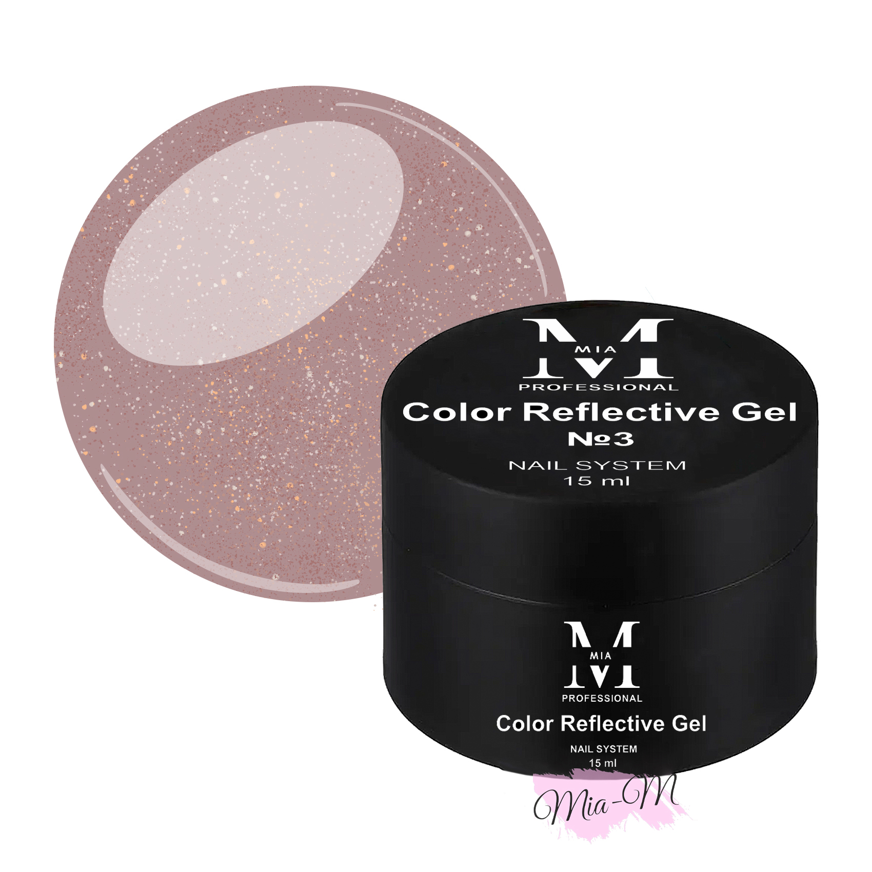 Цветной гель Mia-M Professional Color Reflective Gel №3 фиолетово-серый со светоотражающими блестками, 15 мл