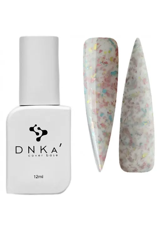 DNKa’ Базове покриття  DNKa Cover Base №011A Молочний зі шматочками ніжно-рожевої, блакитної та жовтої поталі, 12 ml — ціна 220₴ в Україні 